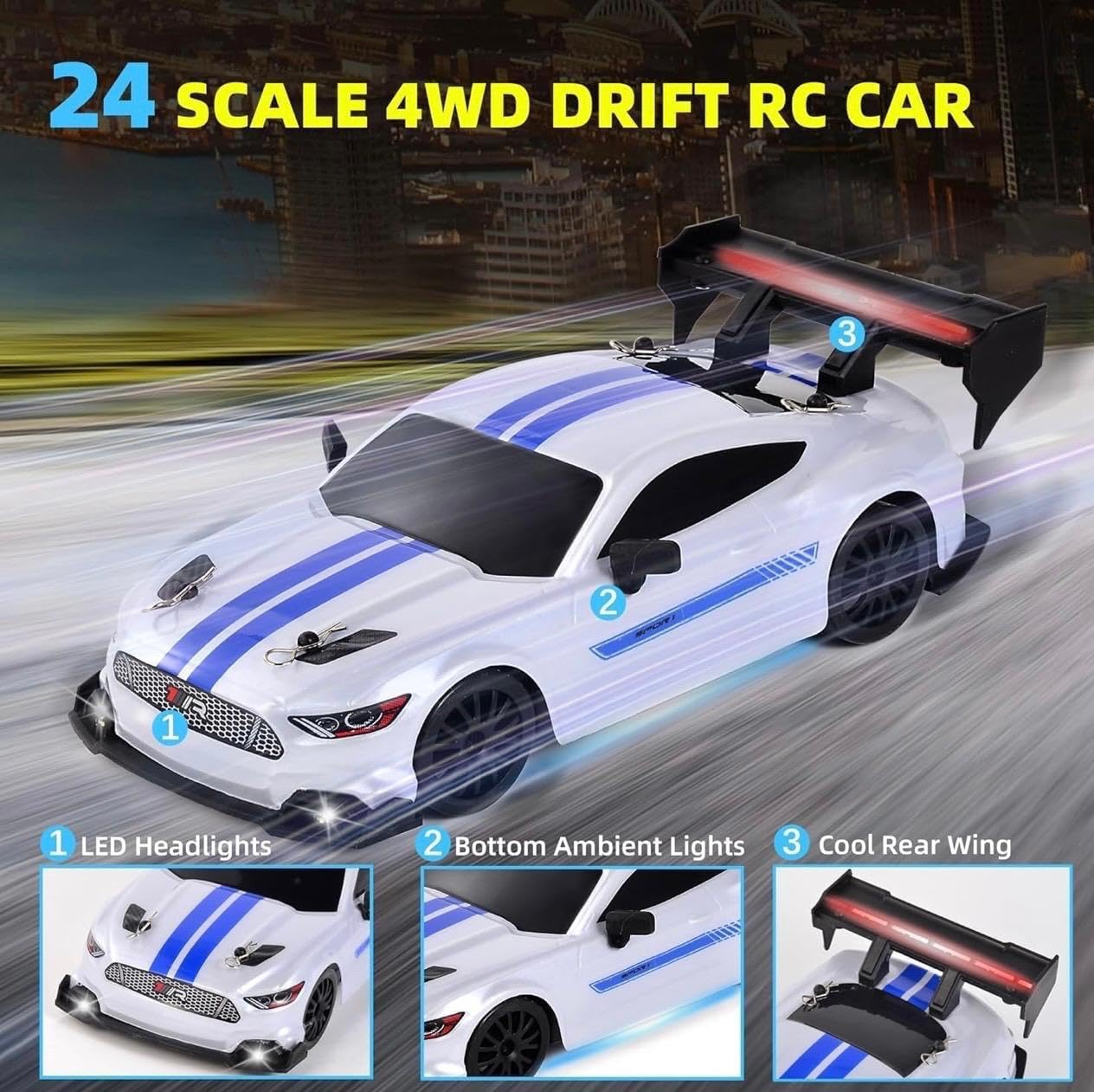 1:24 Scale 4WD Drift RC Car with LED Headlights, Bottom Ambient Lights, Cool Rear Wing, Four-Wheel Drive
