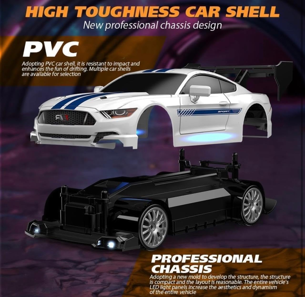 1:24 Scale 4WD Drift RC Car with LED Headlights, Bottom Ambient Lights, Cool Rear Wing, Four-Wheel Drive