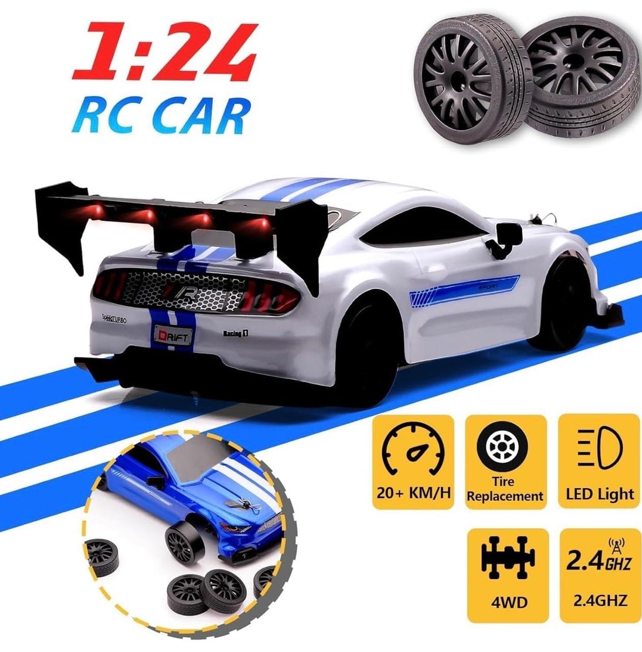 1:24 Scale 4WD Drift RC Car with LED Headlights, Bottom Ambient Lights, Cool Rear Wing, Four-Wheel Drive