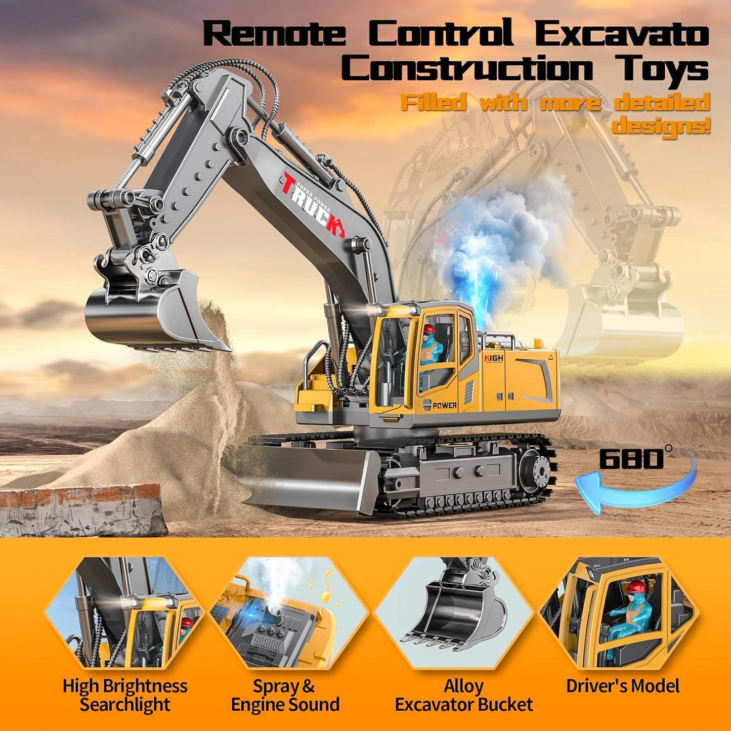 13 Channel Rc Excavator Truck Toys Metal Shovel, 1/18 Remote Control Construction Vehicles Tractor, 2.4Ghz