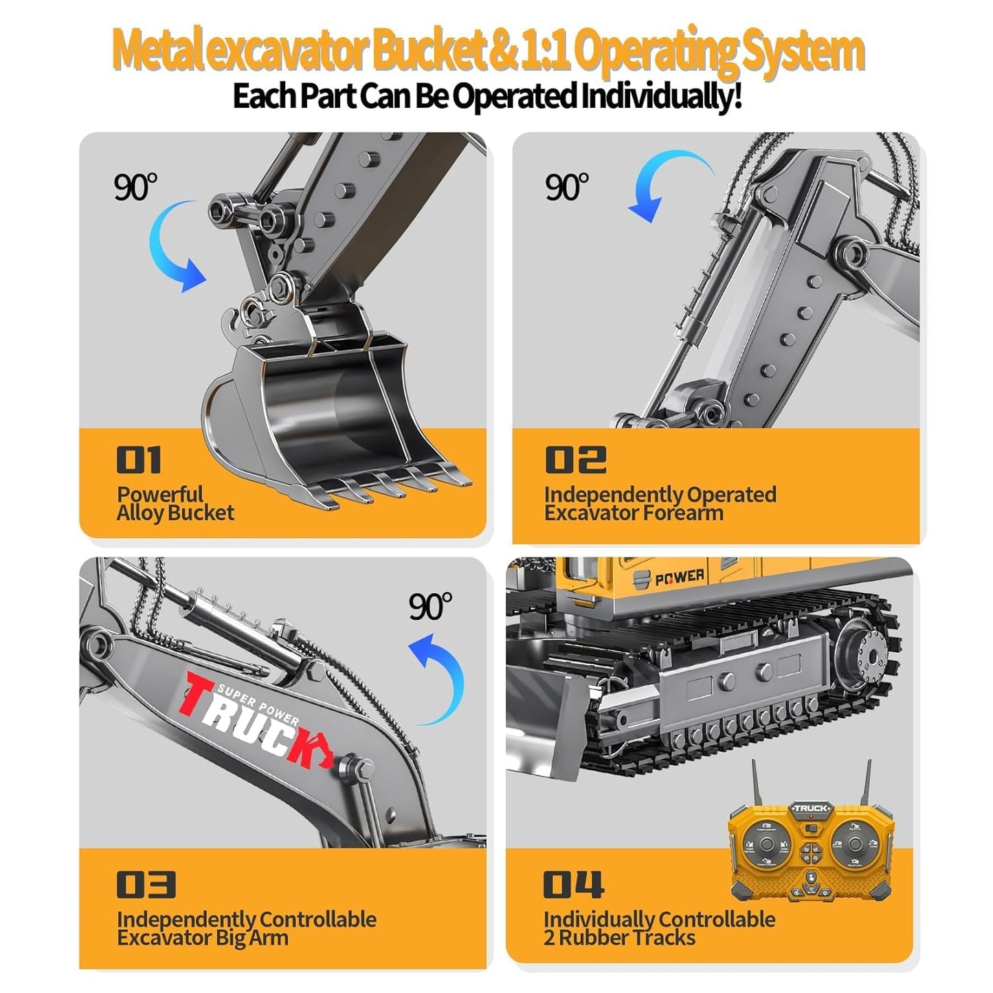 13 Channel Rc Excavator Truck Toys Metal Shovel, 1/18 Remote Control Construction Vehicles Tractor, 2.4Ghz
