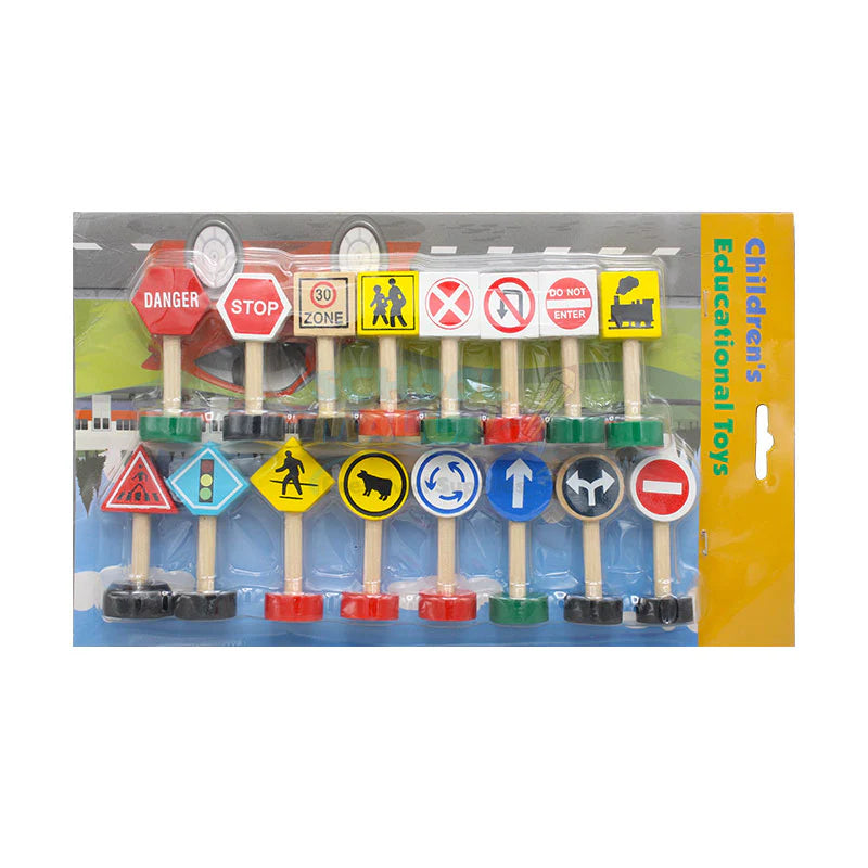 16 Pieces Wooden Traffic Road Signs Educational Toys Kids Pretend Play Toys