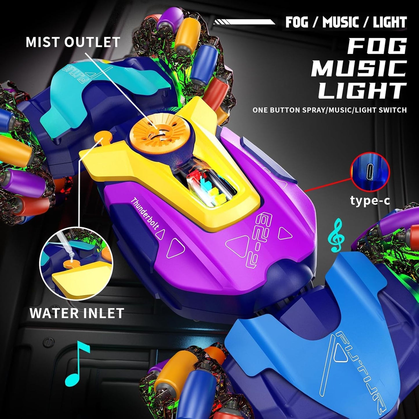 2.4Ghz Remote Control Torsion Stunt Car | 360° Rotation RC Car with Spray, LED Lights & Music