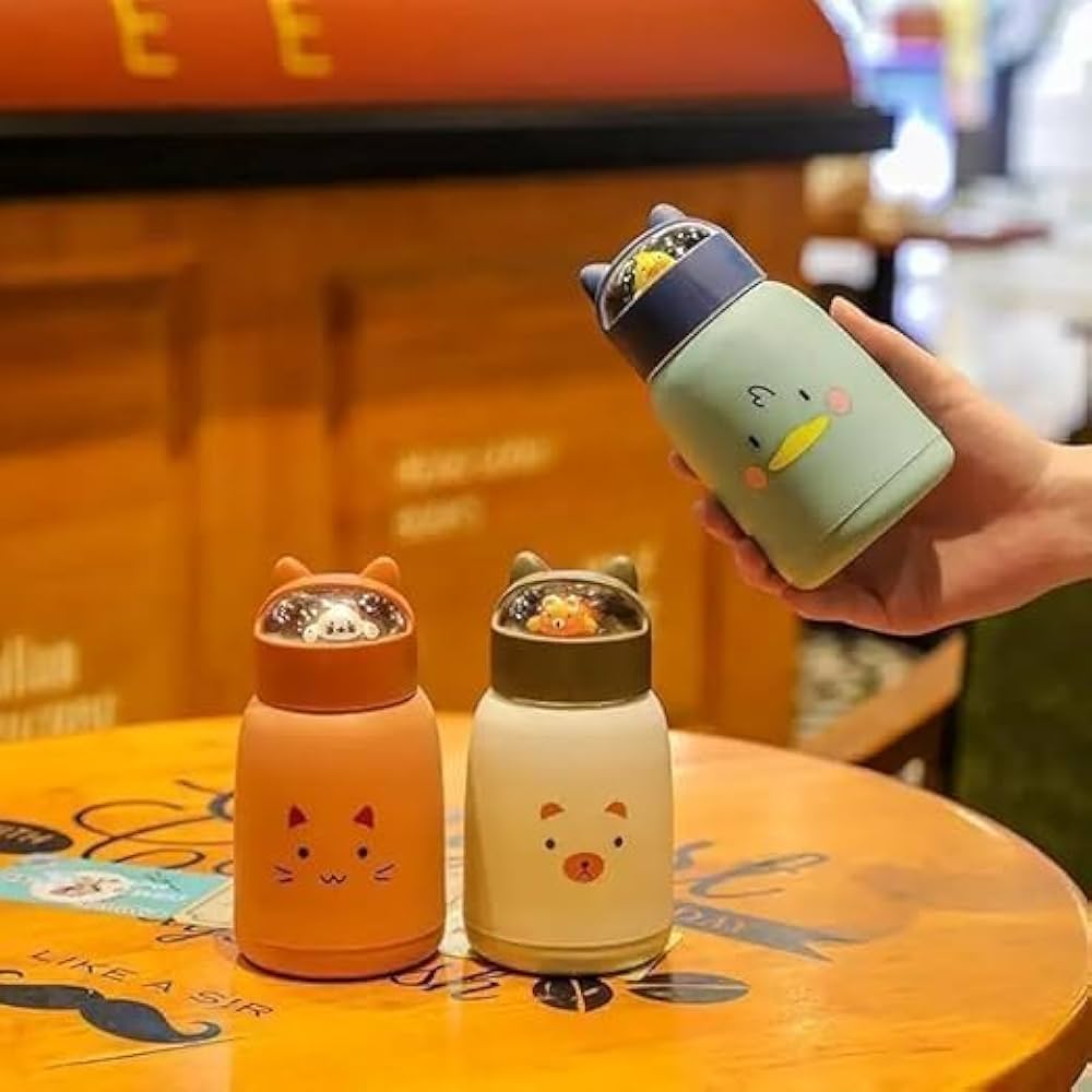 350 ml Cute glass water bottles, cat face shape- silicone protective cover with 3D -Ear shapped lid