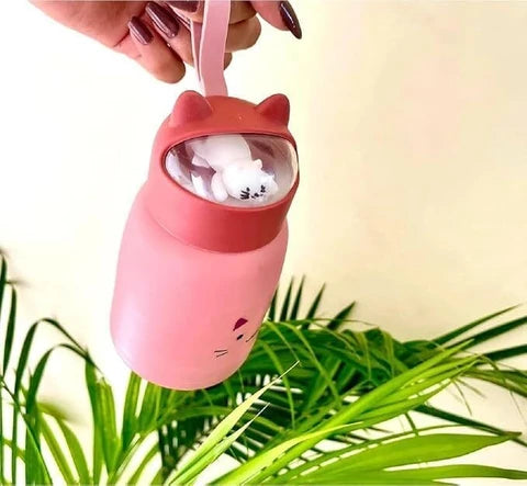 350 ml Cute glass water bottles, cat face shape- silicone protective cover with 3D -Ear shapped lid