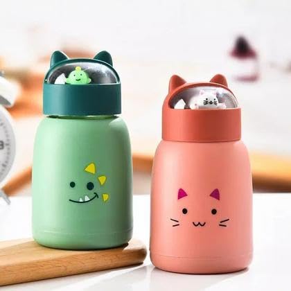 350 ml Cute glass water bottles, cat face shape- silicone protective cover with 3D -Ear shapped lid
