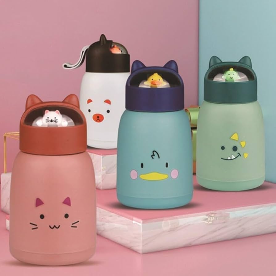 350 ml Cute glass water bottles, cat face shape- silicone protective cover with 3D -Ear shapped lid