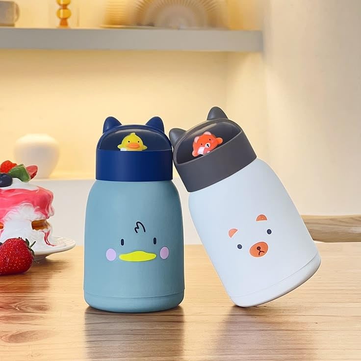 350 ml Cute glass water bottles, cat face shape- silicone protective cover with 3D -Ear shapped lid