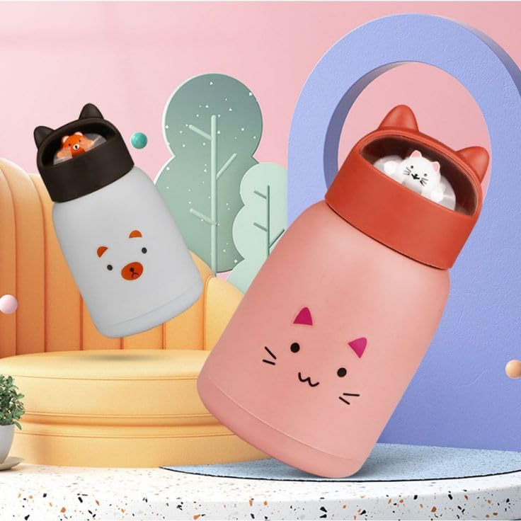 350 ml Cute glass water bottles, cat face shape- silicone protective cover with 3D -Ear shapped lid