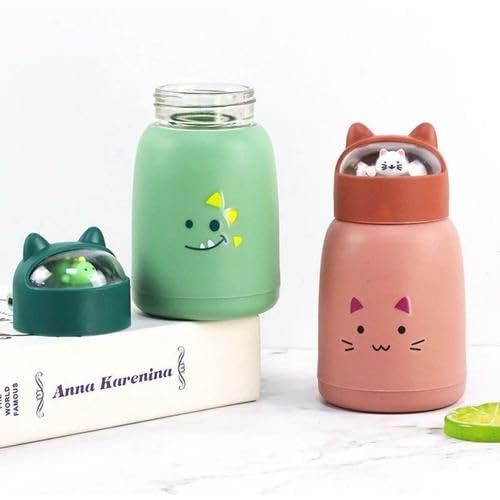 350 ml Cute glass water bottles, cat face shape- silicone protective cover with 3D -Ear shapped lid