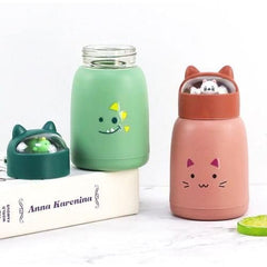 350 ml Cute glass water bottles, cat face shape- silicone protective cover with 3D -Ear shapped lid