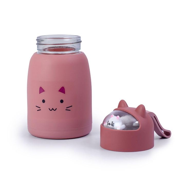 350 ml Cute glass water bottles, cat face shape- silicone protective cover with 3D -Ear shapped lid
