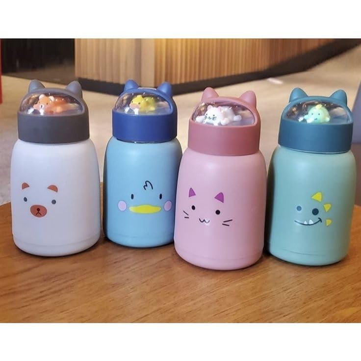 350 ml Cute glass water bottles, cat face shape- silicone protective cover with 3D -Ear shapped lid