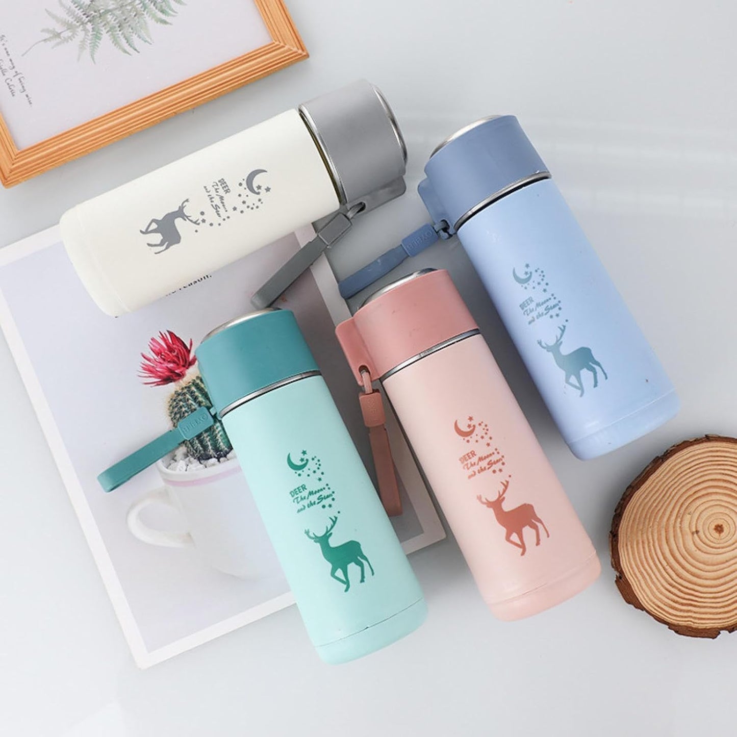 380ml Eco-Friendly Glass Water Bottle with Deer Moon and Stars Print