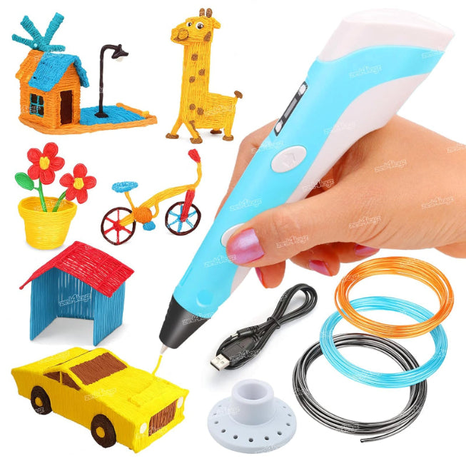 A 3D printing pen held by a hand, shown alongside various colorful 3D-printed models (car, house, bicycle, giraffe, flowers), a USB cable, and spools of filament on a white background.