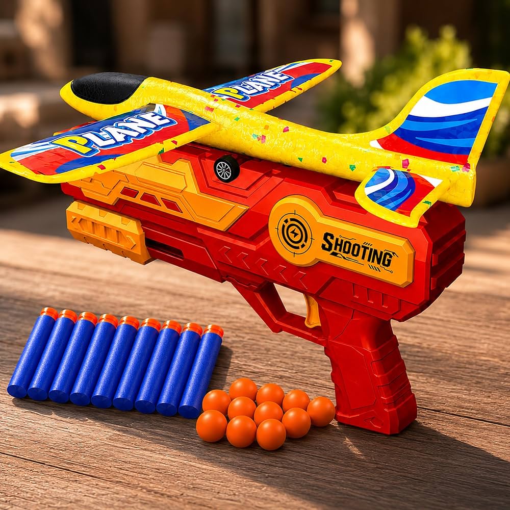 3 In 1 Plane Launcher Toys Plane, Foam Darts And Foam Ball Shooter One-Click Ejection Shooting Gun Launch-Multicolor