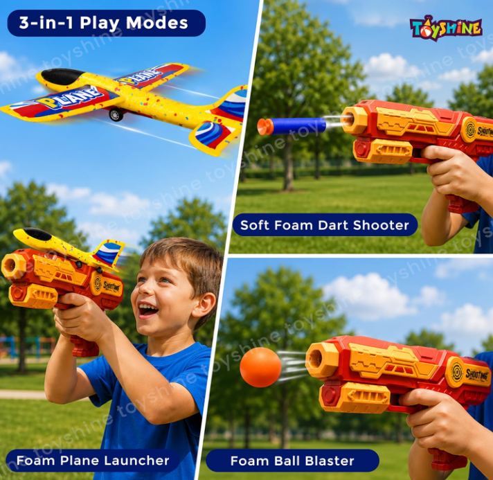 3 In 1 Plane Launcher Toys Plane, Foam Darts And Foam Ball Shooter One-Click Ejection Shooting Gun Launch-Multicolor