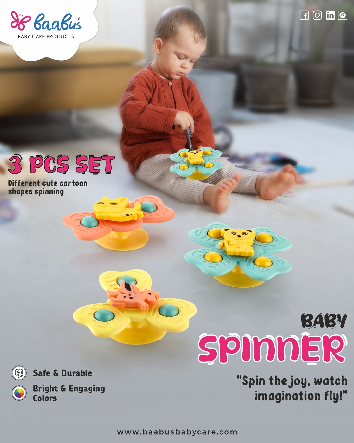 3 Pieces Baby Spinner Set - Travel and Bath Toy