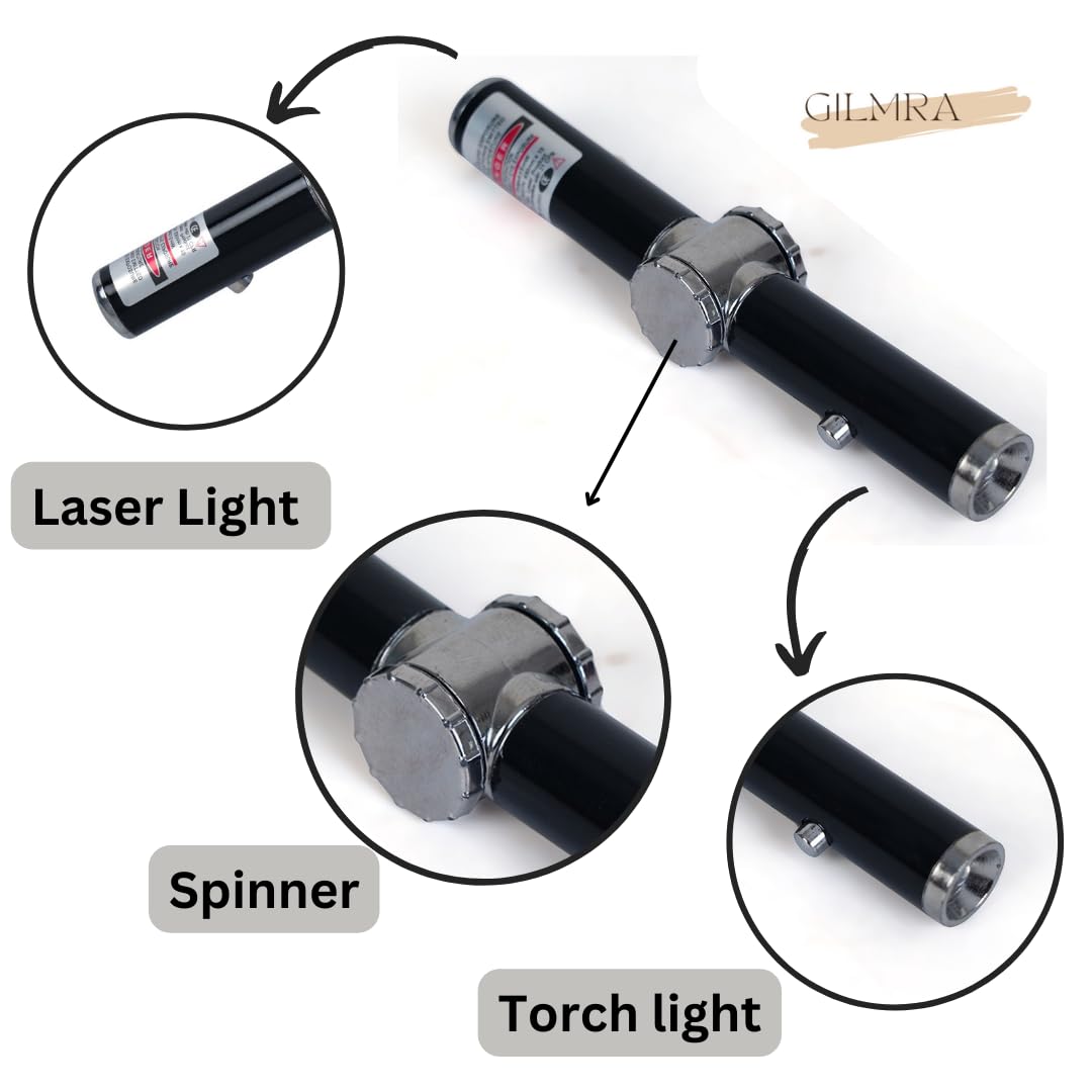Black handheld spinner with laser light, torch light, and spinner features, 