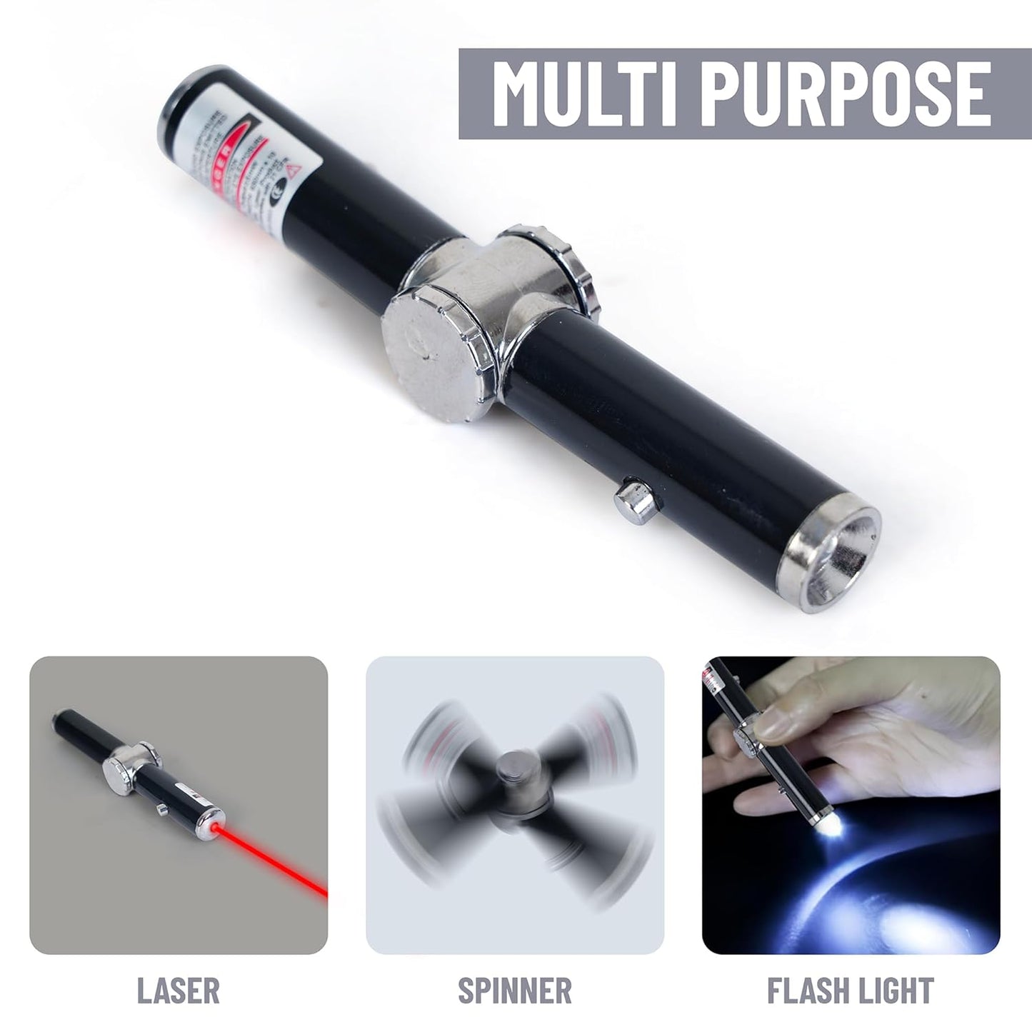Multi-purpose device with laser, spinner, and flashlight functions on a white background.