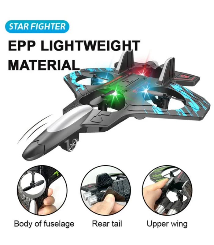Toy star fighter with LED lights, labeled 'Star Fighter' and 'EPP Lightweight Material'.