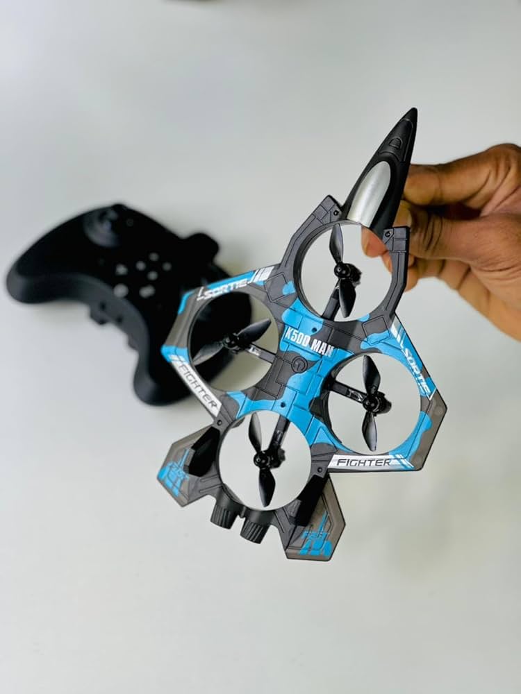 Plastic 2-in-1 RC Jet Fighter & Mini Quadcopter Drone - 2.4GHz, LED Lights, 360-degree Flip, Blue, Ages 14+ under