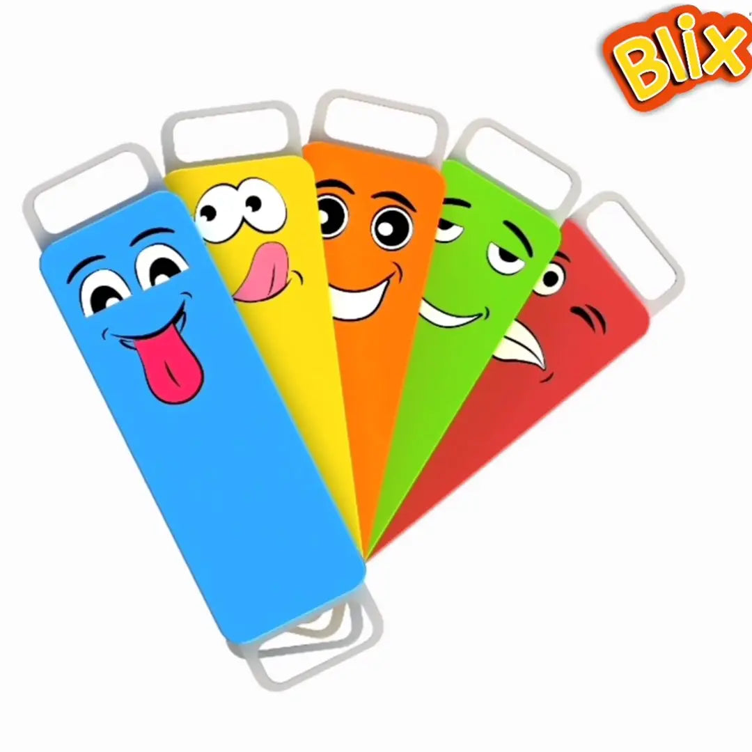 Five colorful phone cases with cartoon faces on a white background, featuring the brand 'Blix'.