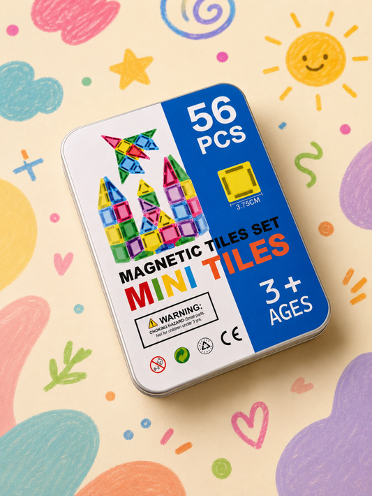 56 Pieces-Mini Magnetic Tiles Travel Set,for Kids Ages 3+, Colourful Building Blocks in Portable Tin Box
