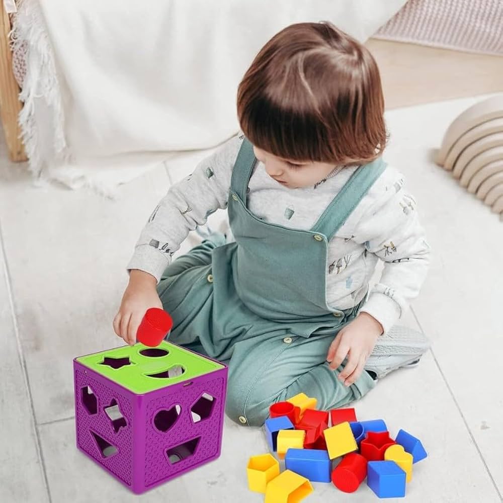 Plastic Geometric Puzzle Stacker Shape Sorter Cube Stacking Set Kids Game