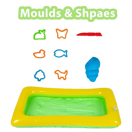 Fantasy Sand 500 Grams Blue Colour with Inflatable Tray, 1 Big Mould, 6 Small Moulds & 1 Toy Plastic Knife