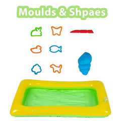 Fantasy Sand 500 Grams Blue Colour with Inflatable Tray, 1 Big Mould, 6 Small Moulds & 1 Toy Plastic Knife