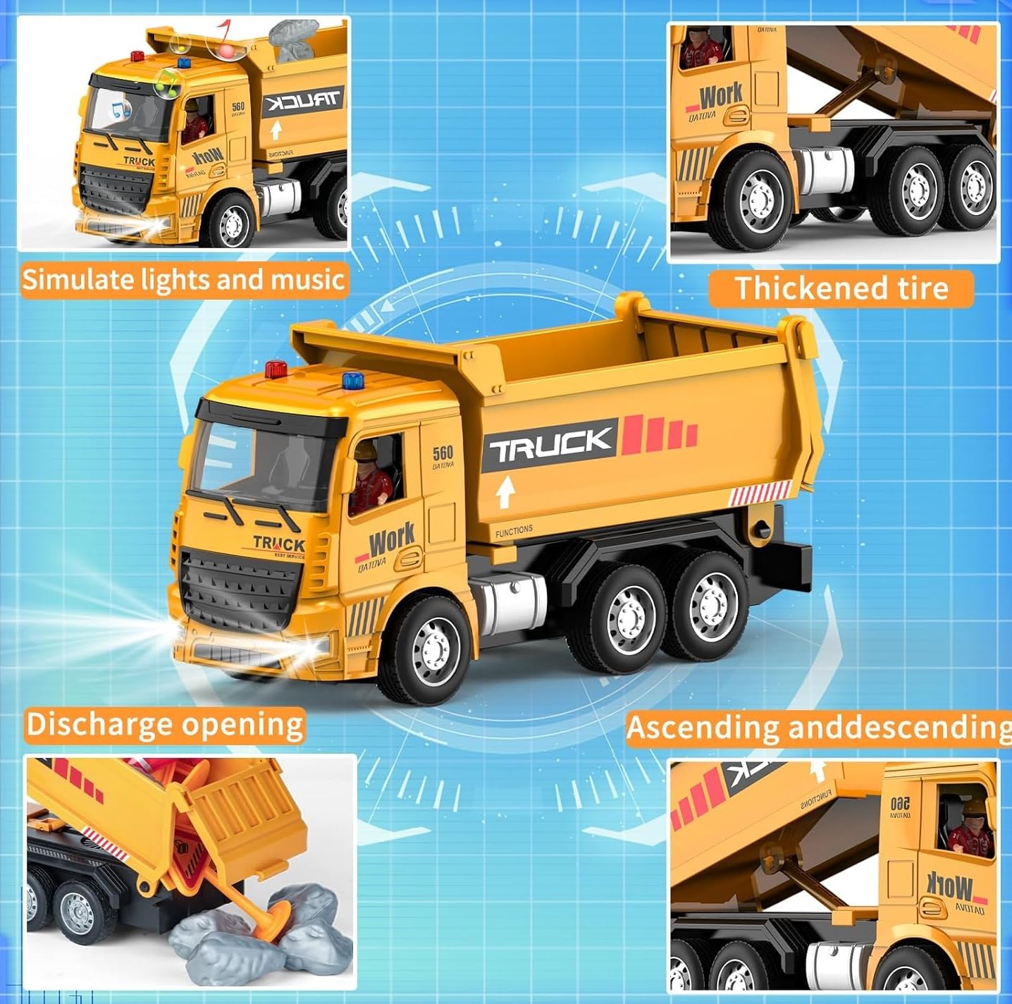 6 Channel Rechargeable Remote Control RC Dumper Dump Truck with Working Head Light, Sound Effect and Demo Mode Construction Truck Toy