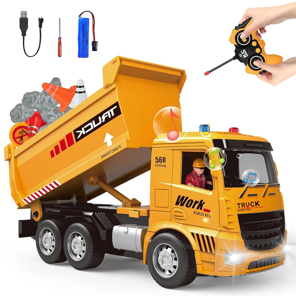 6 Channel Rechargeable Remote Control RC Dumper Dump Truck with Working Head Light, Sound Effect and Demo Mode Construction Truck Toy
