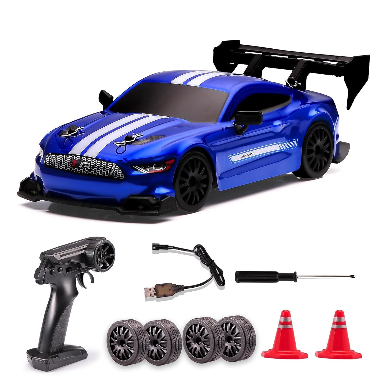 Mustang Blue 1:24 Scale RC Drift Car,4WD 2.4GHz High Speed Racing Hobby Sport Toy Car Vehicle with LED Lights,Racing and Drift Wheels for Adult Boys Girls Kids Gift (8602-Blue)