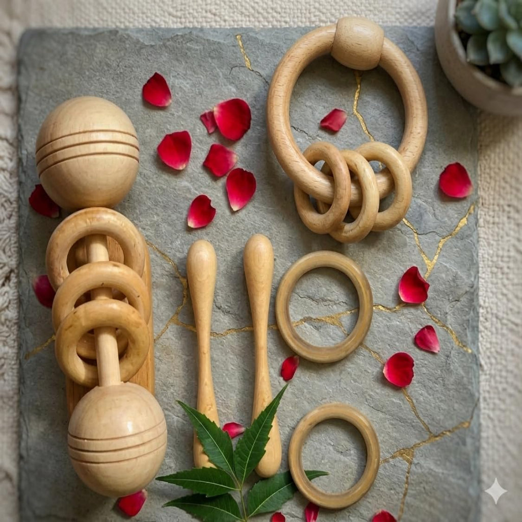 Natural Neem Wood Teether Set of 6 for Babies, Ring Rattle and Grasping Toy
