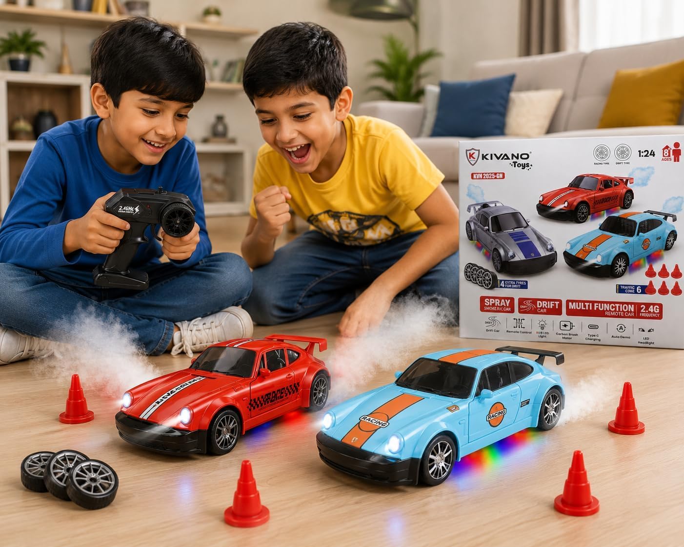 RC Drift Car 4WD High-Speed Remote Control Car with LED Lights 2.4GHz Rechargeable with Extra Tires & Cones