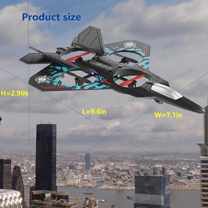 Model aircraft with size measurements against a cityscape background