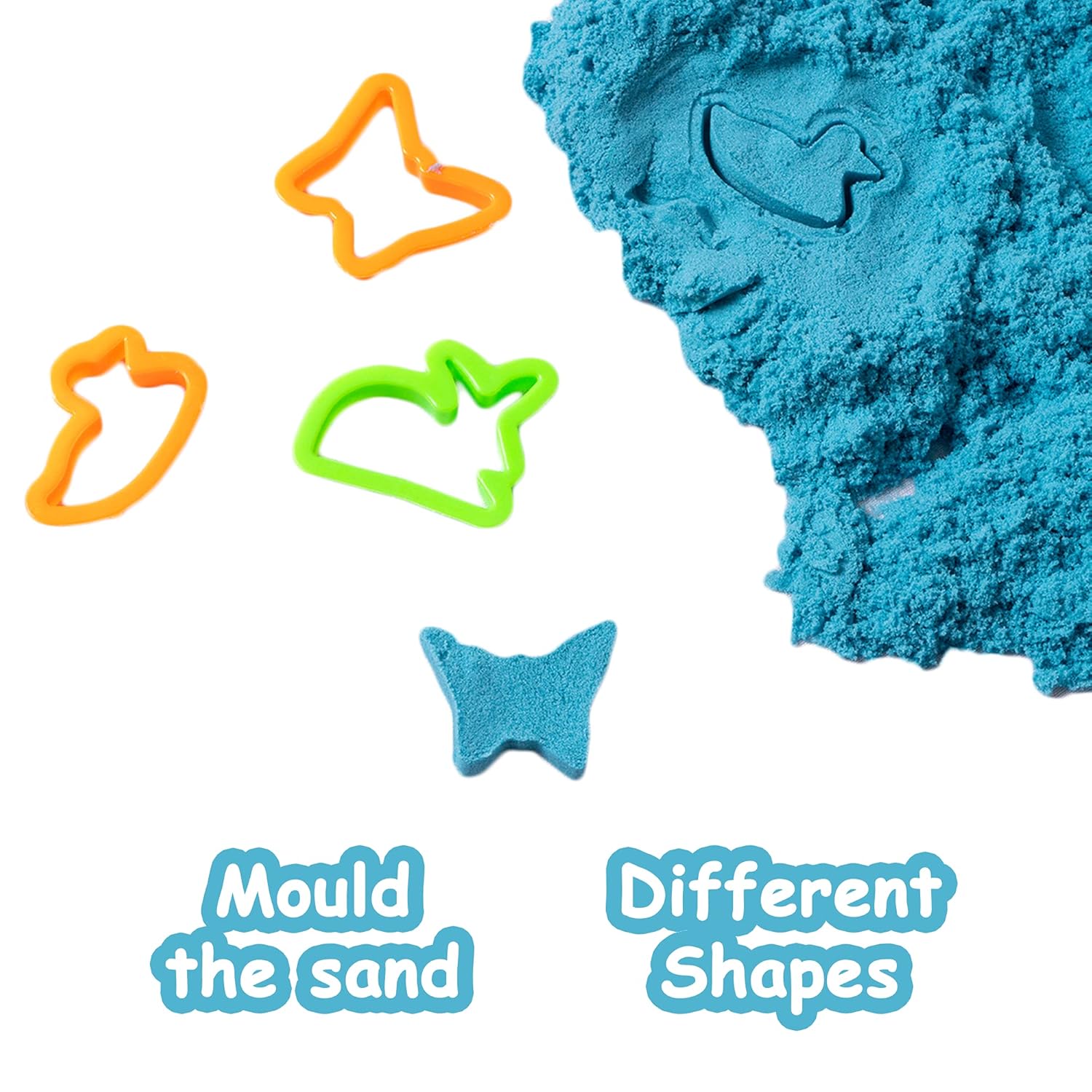 Fantasy Sand 500 Grams Blue Colour with Inflatable Tray, 1 Big Mould, 6 Small Moulds & 1 Toy Plastic Knife