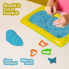 Fantasy Sand 500 Grams Blue Colour with Inflatable Tray, 1 Big Mould, 6 Small Moulds & 1 Toy Plastic Knife