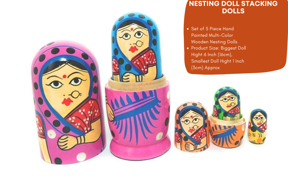 5 IN 1 Wooden Lady Family Nesting Dolls wearing saree -Any 1