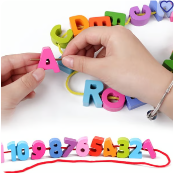 Alphabet ABCD Wooden Puzzles Lacing Beads Game Education Children Toy