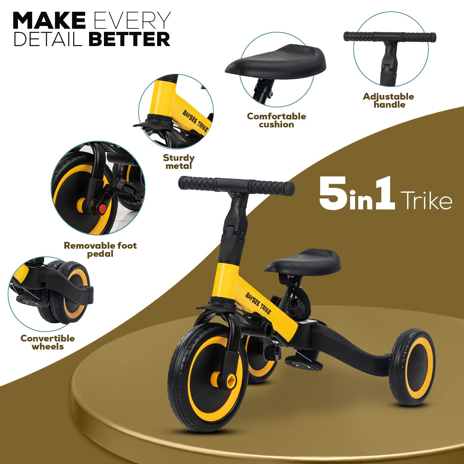 BLACK 5 in 1 Kids Cycle Tricycle, Baby Tricycle with Eva Wheels, Parental Adjustable Push Handle, Seat, Pedal & Safety Belt 1-4 YEAR