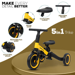BLACK 5 in 1 Kids Cycle Tricycle, Baby Tricycle with Eva Wheels, Parental Adjustable Push Handle, Seat, Pedal & Safety Belt 1-4 YEAR