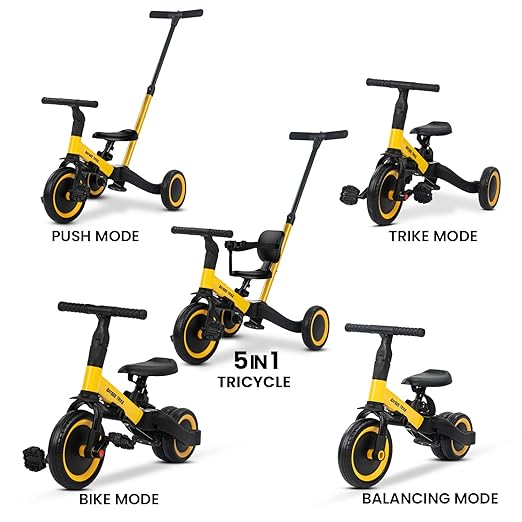 BLACK 5 in 1 Kids Cycle Tricycle, Baby Tricycle with Eva Wheels, Parental Adjustable Push Handle, Seat, Pedal & Safety Belt 1-4 YEAR