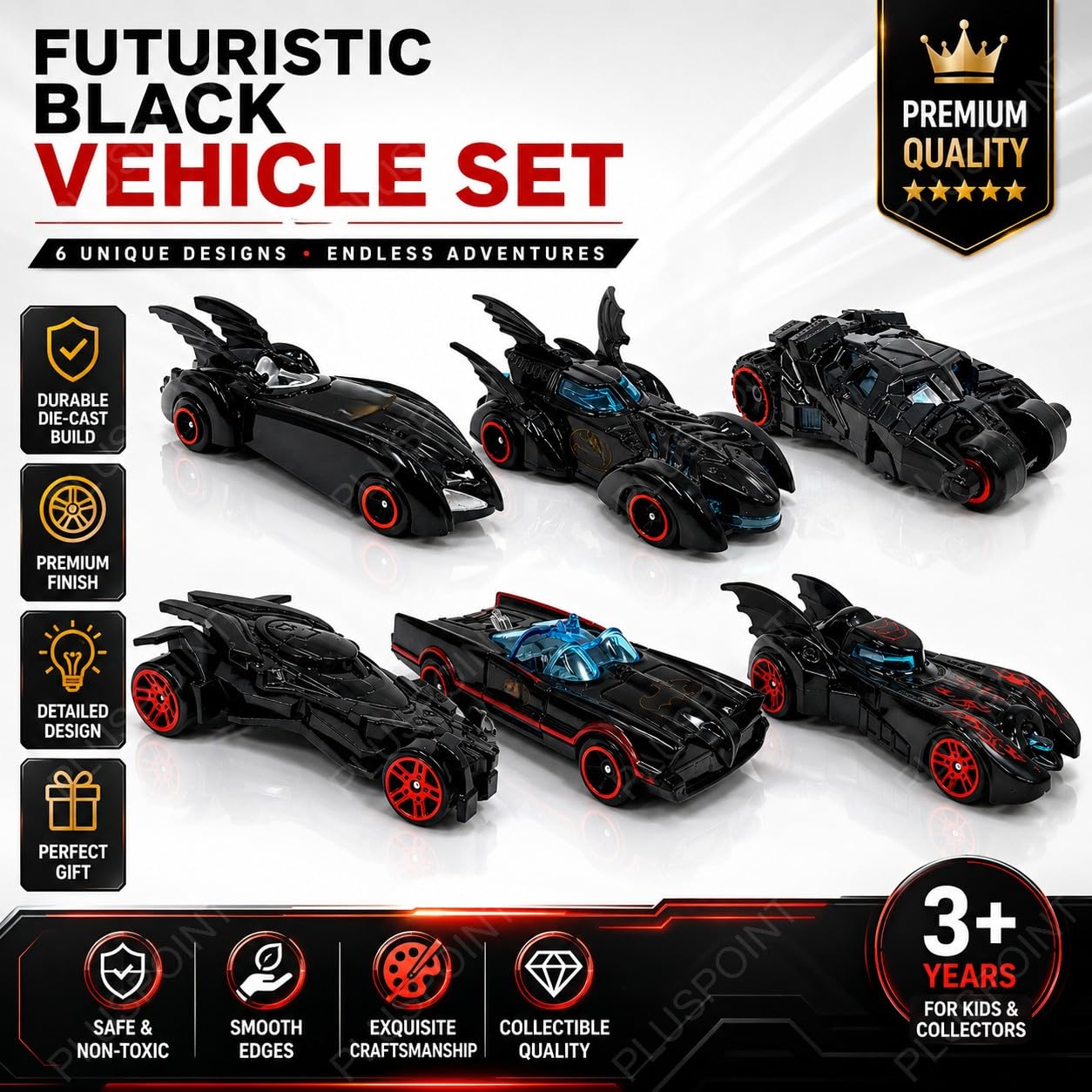 Black Super Hero Metal Cars Set Push N Go 6 Pc Vehicles