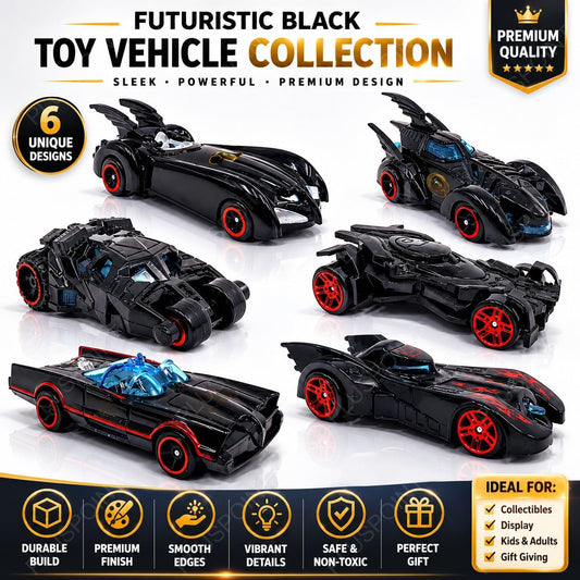 Black Super Hero Metal Cars Set Push N Go 6 Pc Vehicles