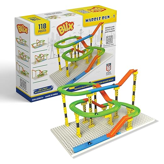 Blix Marble Run - 1, 118 Piece Construction Set, Design and Build Your Own Tracks, Marble Run Toys for Kids