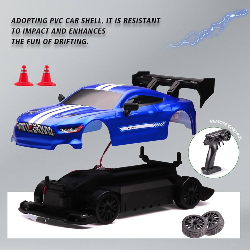 Mustang Blue 1:24 Scale RC Drift Car,4WD 2.4GHz High Speed Racing Hobby Sport Toy Car Vehicle with LED Lights,Racing and Drift Wheels for Adult Boys Girls Kids Gift (8602-Blue)