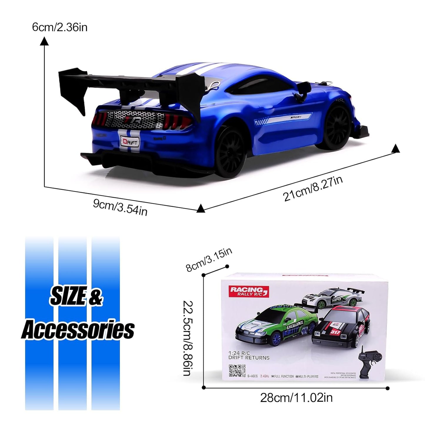Mustang Blue 1:24 Scale RC Drift Car,4WD 2.4GHz High Speed Racing Hobby Sport Toy Car Vehicle with LED Lights,Racing and Drift Wheels for Adult Boys Girls Kids Gift (8602-Blue)