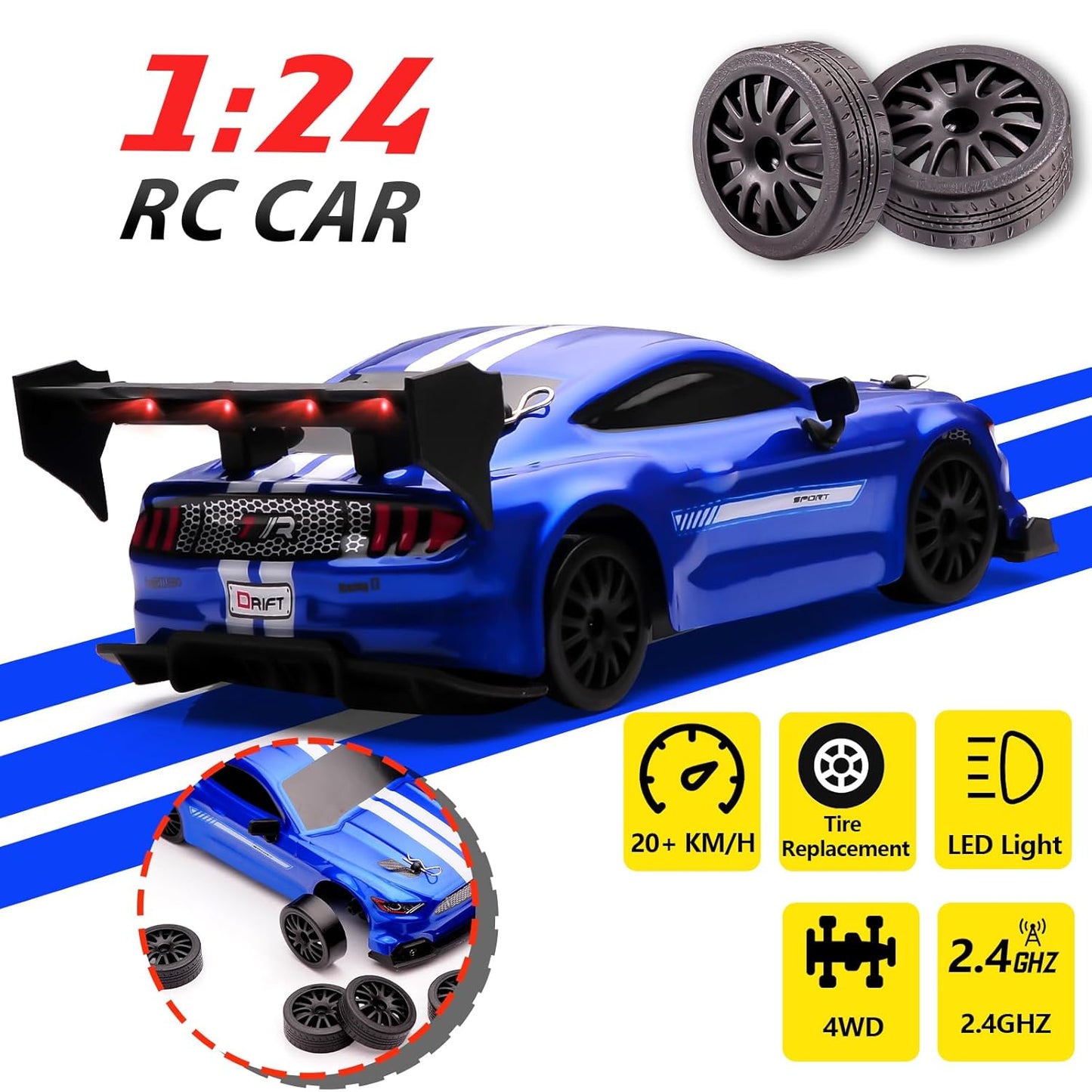 Mustang Blue 1:24 Scale RC Drift Car,4WD 2.4GHz High Speed Racing Hobby Sport Toy Car Vehicle with LED Lights,Racing and Drift Wheels for Adult Boys Girls Kids Gift (8602-Blue)